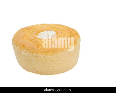 Chiffon Cake, a close up of homemade vanilla sponge cake with cream bakery isolated on white background. Stock Photo