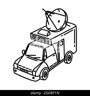 Satellite TV Truck as Telecommunication Equipment Hand Drawn Icon Set Vector. Stock Vector
