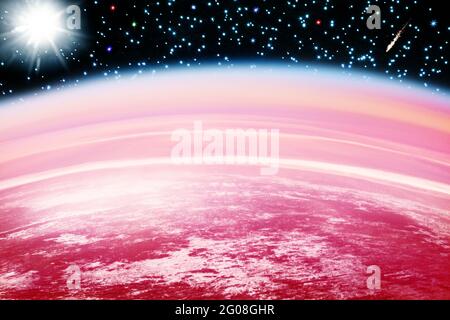 Cosmos landscape, red planet, dark black sky, sun glow, stars, comets above Mars horizon, celestial body, abstract alien galaxy, cosmic, outer space Stock Photo