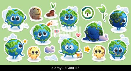 Stickers with Earth and Moon cartoon characters, cute funny planets with kawaii face and cloud, happy mascot rejoice, touching star, sleep, volcano eruption, green sprouts and comet Cartoon vector set Stock Vector