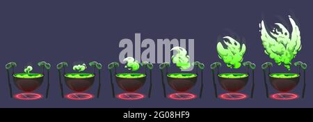 Witch cauldron with green boiling magic potion and smoke. Old cooking boiler with glowing spiritual symbol, brew and steam in shape of scary bird. Vector cartoon sprite sheet for animation Stock Vector