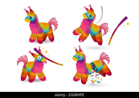 Pinata and stick for birthday party, mexican holiday and carnival. Funny toy from rainbow crepe paper with candies or surprise inside. Vector cartoon icons of funny pinata in shape of donkey Stock Vector