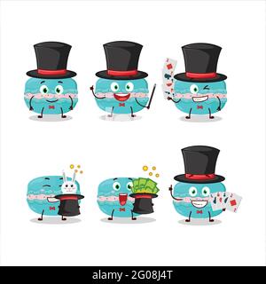 A blueberry macaron Magician cartoon character perform on a stage. Vector illustration Stock Vector