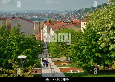 GARDEN AND MONTEE DE LA GRANDE COTE, LA CROIX-ROUSSE, LYON, RHONE (69) Stock Photo