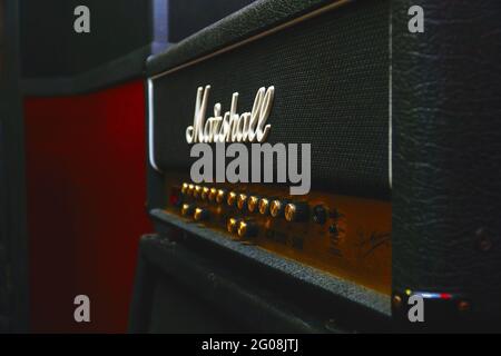 Samara, Russia - February 15, 2020: Knobs on a Marshall guitar amp. Selective Focus Stock Photo