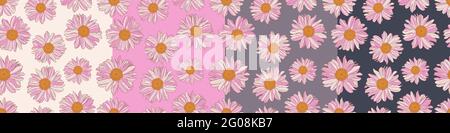 Set of seamless patterns of white and pink daisies with yellow center on various color fields: white, pink, old lavender, charcoal. Decorative print for wallpaper, wrapping, textile, fashion fabric. Stock Vector