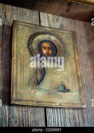 Eastern Orthodox icon on the wall of the chapel at Fort Ross, a historic Russian fort on the California coast, USA Stock Photo