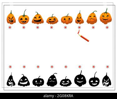 find the right shadow, halloween pumpkins with different faces, vector isolated on white background Stock Vector