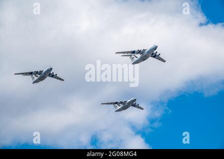 Moscow, Russia - May, 05, 2021: IL-76 A50U Russian Air Forces will fly over Kremlin and red square during the General rehearsal of the parade celebrat Stock Photo