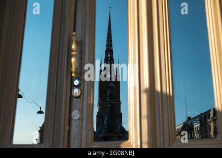 Riddarholm Church, Stockholm, Sweden, reflected in a window Stock Photo