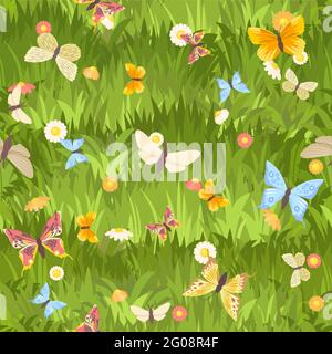 Seamless pattern. Meadow with dense grass, flowers and butterflies ...