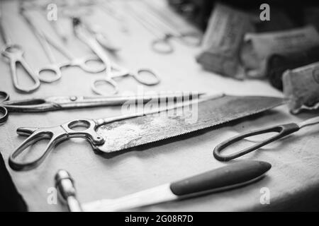 Old medical and surgical instruments. German Deutsch Wehrmacht World War II Times Many Old surgical instruments For surgery. WWII WW2. Black And White Stock Photo