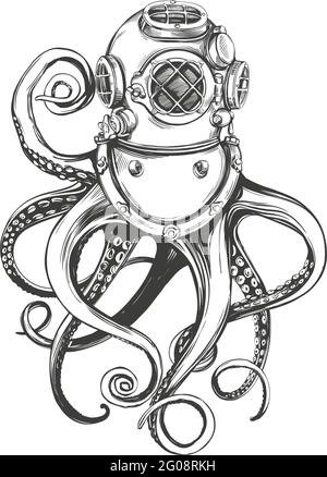 octopus in a diver helmet, old underwater diving helmet hand drawn vector illustration sketch Stock Vector