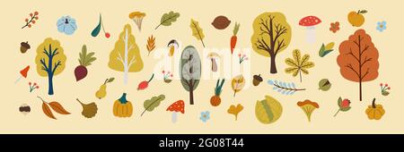 autumn leaves , mushroom, vegetables in flat style Stock Vector