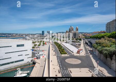 The view from the Fort Saint-Jean towards La Joliette and Villa Méditerranée, Marseille, France Stock Photo