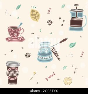 Seamless pattern of hand drawn coffee and tea doodles. A set of isolated vector drawings for tea drinking and making all kinds of coffee. A set of Stock Vector