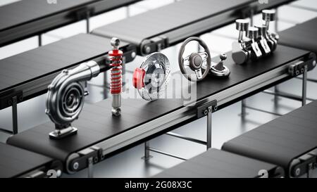 Conveyor belt carrying various car parts. 3D illustration. Stock Photo