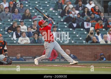 Los Angeles Angels outfielder Juan Lagares hits the ball during an MLB  regular season game against the Houston Astros, Wednesday, May 12th, 2021,  in H Stock Photo - Alamy