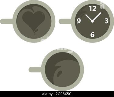 Three cups of coffee seen from above. Inside one of the cups there is a heart, in another one clock. Stock Vector