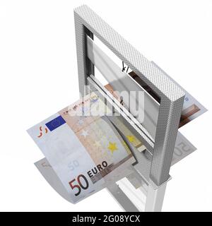Close up, on white background cut out of banknote and Guillotine. Symbol of sales, discounts, savings on purchases. 3D illustration. Stock Photo