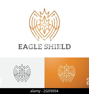 Golden Eagle Falcon Bird Shield Crown Line Logo Symbol Stock Vector