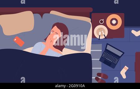 Depression mental problem, depressed emotions vector illustration. Cartoon lonely young upset woman character lying in bed alone, unhappy girl teenager crying, needs psychology therapy background Stock Vector