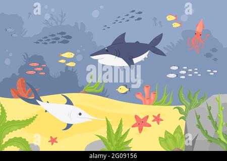 Undersea wildlife landscape, underwater world with coral reef fishes animals vector illustration. Cartoon blue tropical under water scenery and cute shark swordfish squid starfish seaweed background Stock Vector