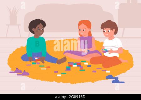 Kids play at home, sitting on nursery floor vector illustration. Cartoon preschool children friends playing game together, cute boy girl child holding toys, happy friendship activity background Stock Vector
