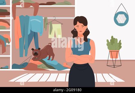 Bad behavior of naughty dog, trouble mess in room vector illustration. Cartoon woman pet owner character angry at guilty puppy for mess chaos, funny doggy playing with clothes in wardrobe background Stock Vector