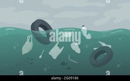 Plastic trash waste pollution floating in dirty ocean sea or river water, environment day vector illustration. Cartoon car tire garbage, plastic bags and bottles pollute nature ecology background