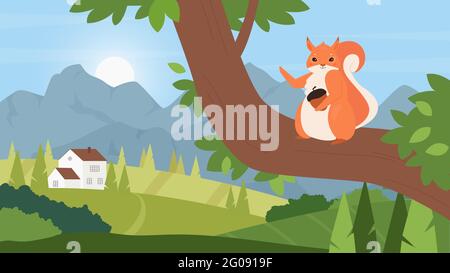 Cute squirrel with acorn in rural summer mountain green landscape vector illustration. Cartoon furry squirrel character hugging walnut, forest animal loving nut food, woodland on sunny day background Stock Vector