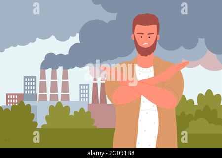 Stop air pollution, ecology problem vector illustration. Cartoon young man volunteer character showing stop gesture with arms crossed, factory pipes with dirty smog pollute city urban landscape Stock Vector