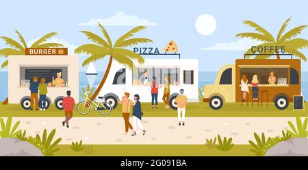 People buy food at city festival street market vector illustration. Cartoon woman man characters walking in outdoor fair market among kiosk stalls with pizza, burger van and coffee truck background Stock Vector