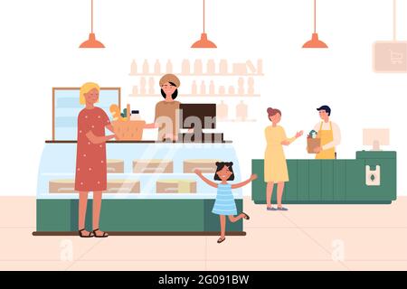 Happy family people in grocery shop vector illustration. Cartoon young mother and daughter characters shopping in supermarket, woman customer holding grocery basket full of food products background Stock Vector
