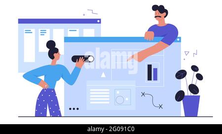 People develop ui ux design, abstract web development process vector illustration. Cartoon team of developer designer characters work on graphic interface, usability website app isolated on white Stock Vector