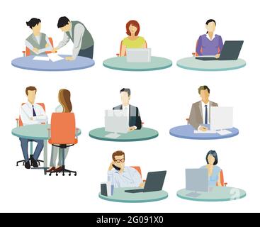 Workplaces in the office, people working at desk, illustration Stock Vector
