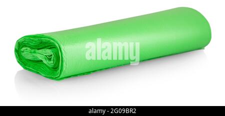 Green roll of plastic garbage bags isolated on white background Stock Photo