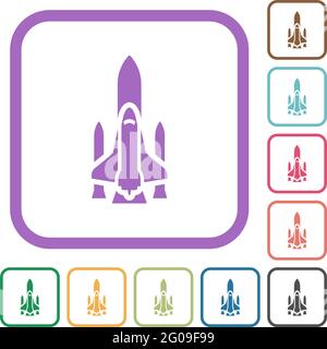 Space shuttle with launchers simple icons in color rounded square frames on white background Stock Vector