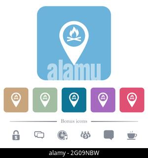 Camp GPS map location white flat icons on color rounded square backgrounds. 6 bonus icons included Stock Vector