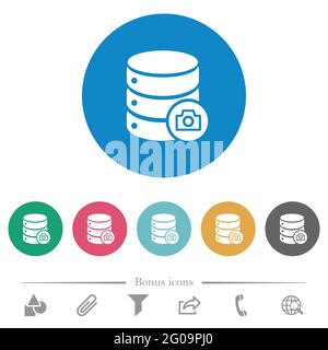 Database snapshot flat white icons on round color backgrounds. 6 bonus icons included. Stock Vector