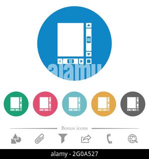 Blank document with scroll bars flat white icons on round color backgrounds. 6 bonus icons included. Stock Vector