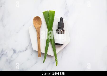 Natural aloe vera plant leaves with a cosmetic dropper bottle Stock Photo