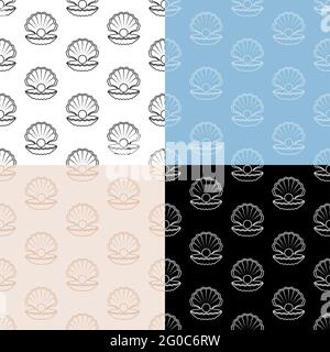 set of seamless patterns with sea shining pearl icon in open shell. Ornament for decoration and printing on fabric. Design element. Vector Stock Vector