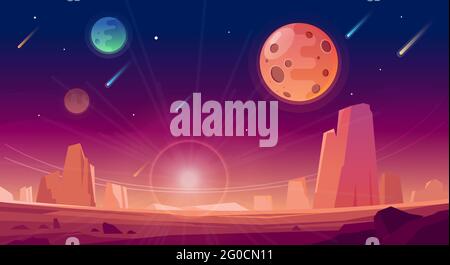 Space and planet landscape background. Planets surface with craters, stars and comets in dark space. Vector cartoon illustration. Space sky with Stock Vector