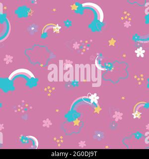 delicate cute vector children's pattern with rainbows, stars and flowers on a pink background Stock Vector