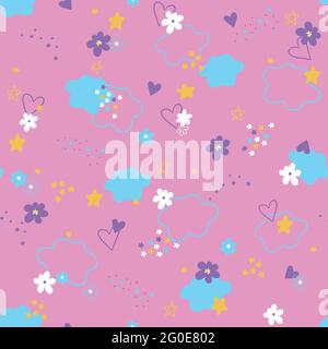 cute vector pattern for girls, with clouds, flowers and hearts on a pink background. Cute seamless pattern. Endless girly print. Vector illustration Stock Vector
