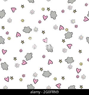 Cute seamless vector pattern with clouds, hearts. Design for kids. Vector illustration Stock Vector