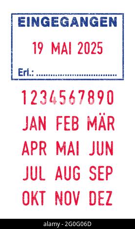 Vector illustration of the German word Eingegangen (Received) in blue ink stamp and editable dates (day, month and year) in red ink stamps Stock Vector