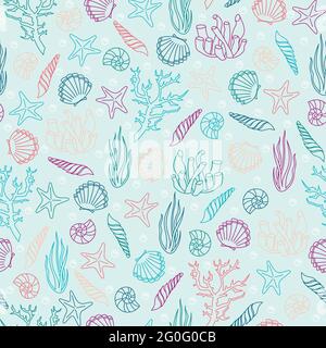 Marine vector seamless background from hand drawn sea shells and stars. Nautical pattern with shellfishes isolated on white Stock Vector