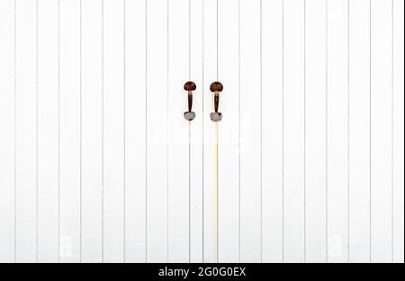 detail image of two rusted pulls on white doors Stock Photo